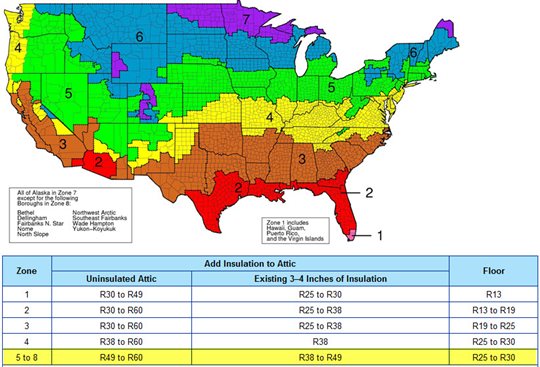 Insulation R-value climate zone map of the U.S.